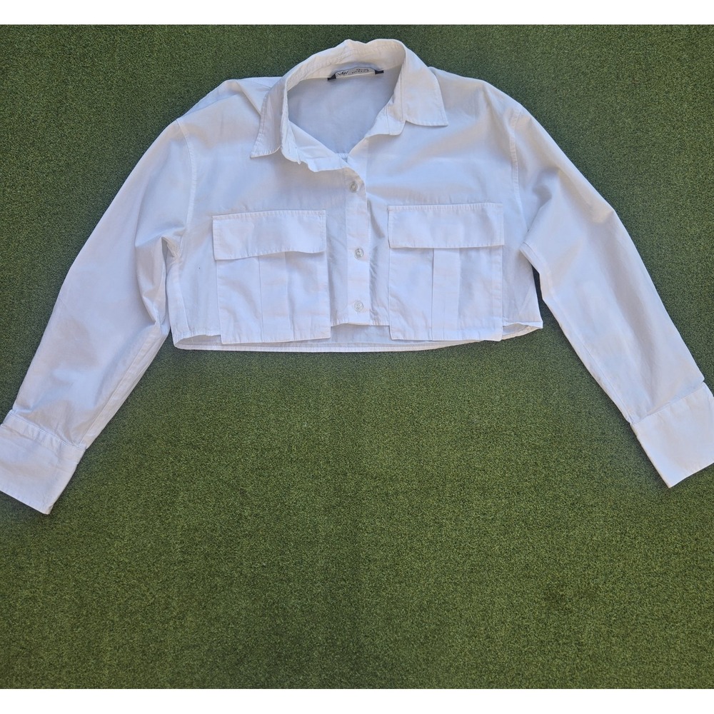 Zara Women's S White Cropped Button Front Utility Shirt 100% Cotton